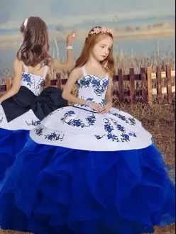 Amazing Sleeveless Floor Length Embroidery and Ruffles Lace Up Pageant Dress with Royal Blue