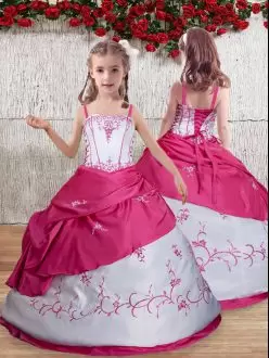 Dramatic Hot Pink Taffeta Lace Up Pageant Dress for Girls Sleeveless Floor Length Embroidery