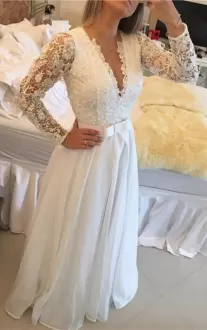 Long Sleeves V-neck Beading and Lace and Belt Clasp Handle Wedding Gowns