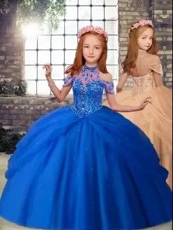 Gorgeous Blue and Peach Lace Up High-neck Beading Pageant Dress Toddler Tulle Sleeveless