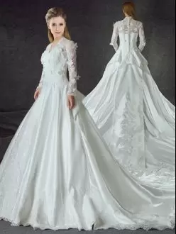 Colorful White Satin Zipper Bridal Gown Long Sleeves With Train Chapel Train Lace and Appliques