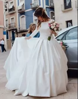 Elegant Bateau Long Sleeves Wedding Dresses With Brush Train Ruching White Satin