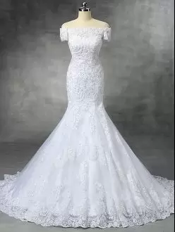 Romantic Off The Shoulder Sleeveless Lace Wedding Dresses Beading and Lace and Appliques Brush Train Zipper