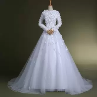 Discount White A-line Scoop Long Sleeves Tulle With Train Court Train Zipper Beading and Appliques and Hand Made Flower Wedding Gown