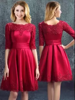 Great Wine Red Half Sleeves Mini Length Lace Zipper Bridesmaids Dress Bateau