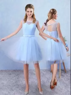 Blue A-line Scoop Sleeveless Tulle Knee Length Lace Up Ruching and Belt Dama Dress for Quinceanera