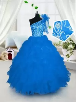 Aqua Blue One Shoulder Lace Up Embroidery and Ruffles Little Girl Pageant Dress Sleeveless