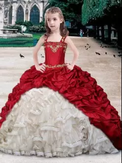 Modern Straps Sleeveless Organza and Taffeta High School Pageant Dress Beading and Appliques and Ruffles and Pick Ups Lace Up