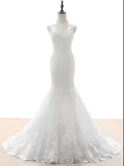 Off White Mermaid V-neck Beading and Lace Wedding Gown with Train