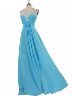 Aqua Blue Empire Chiffon One Shoulder Sleeveless Appliques Floor Length Zipper Bridesmaids Dress
