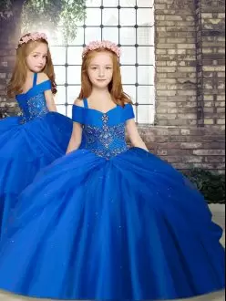 Royal Blue Chiffon Lace Up Pageant Gowns For Girls Sleeveless Floor Length Beading