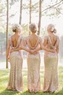 Gold Column Sheath Sequins Wedding Party Dress Backless Short Sleeves Floor Length