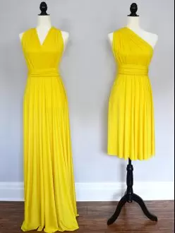 Custom Made Yellow Halter Top Neckline Ruching Bridesmaids Dress Sleeveless Lace Up