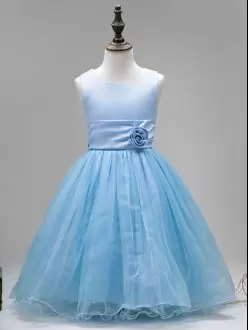 Latest Baby Blue Ball Gowns Tulle Scoop Sleeveless Hand Made Flower Floor Length Zipper Flower Girl Dresses