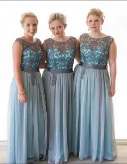 Attractive A-line Wedding Guest Dresses Aqua Blue Scoop Chiffon Sleeveless Floor Length Lace Up