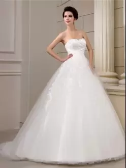 Elegant Sleeveless Sweetheart Court Train Appliques Lace Up Wedding Gowns