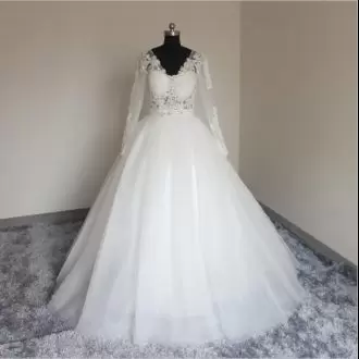 Floor Length White Wedding Gown Tulle Long Sleeves Lace and Appliques