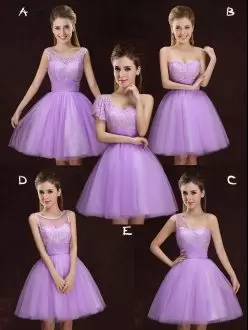Elegant Scoop Sleeveless Bridesmaid Dress Mini Length Lace and Ruching Lilac Tulle