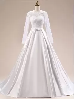 Trendy Satin Long Sleeves With Train Wedding Dresses Sweep Train and Lace and Bowknot and Belt