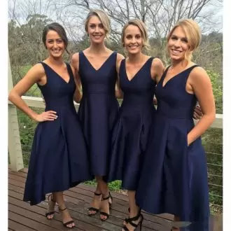 Dramatic Navy Blue Bridesmaids Dress Party and Wedding Party with Ruching V-neck Sleeveless