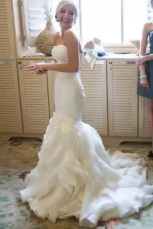 White Sleeveless With Train Ruffled Layers and Ruching Lace Up Wedding Gown Sweetheart