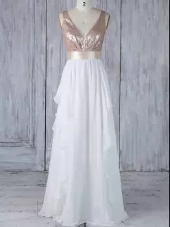 V-neck Sleeveless Bridesmaids Dress Floor Length Ruffles and Sequins White Chiffon