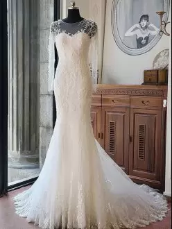 Comfortable White Zipper Scoop Appliques Wedding Dress Tulle Long Sleeves Court Train