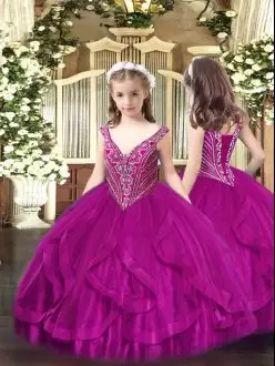Sleeveless V-neck Beading and Ruffles Lace Up Little Girls Pageant Dress