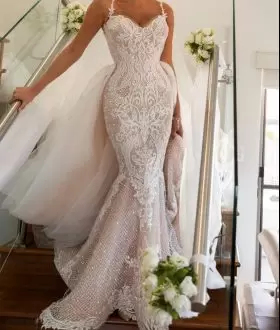 Spaghetti Straps Sleeveless Wedding Dress Watteau Train Lace White Lace