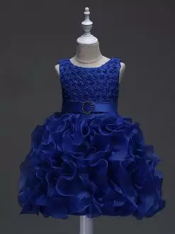 Cute Sleeveless Organza Knee Length Lace Up Pageant Dress in Royal Blue with Ruffles and Belt