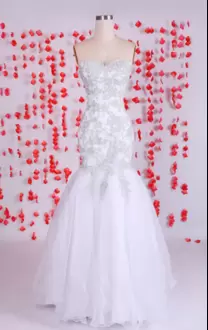 Admirable White Mermaid Organza Sweetheart Sleeveless Appliques Floor Length Zipper Bridal Gown