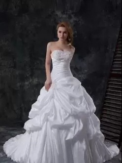 Custom Made With Train A-line Sleeveless White Wedding Dresses Brush Train Zipper