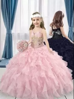 Pink Lace Up Straps Beading and Lace Pageant Dress Toddler Tulle Sleeveless Sweep Train