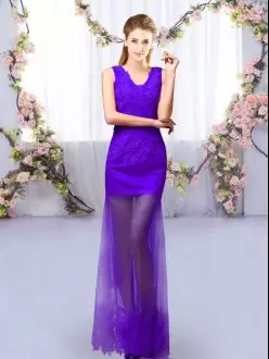 Graceful Purple Lace Up Bridesmaid Gown Lace Sleeveless Floor Length