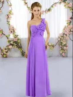 Sleeveless Floor Length Lace Up Bridesmaid Gown in Lavender with Hand Made Flower