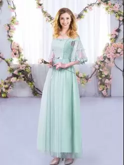Tulle Half Sleeves Floor Length Bridesmaid Dress and Lace and Belt