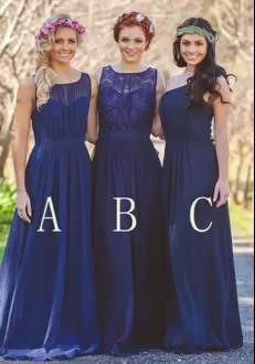Navy Blue Scoop Neckline Lace Bridesmaid Dresses Sleeveless