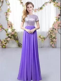 Chic Scoop Short Sleeves Quinceanera Court Dresses Floor Length Sequins Lavender Chiffon