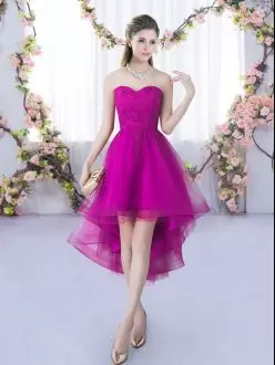 Fuchsia Sleeveless Lace High Low Bridesmaids Dress