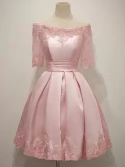 Sweet A-line Bridesmaids Dress Pink V-neck Taffeta Half Sleeves Knee Length Lace Up