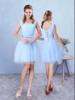 High Quality Knee Length Lace Up Bridesmaid Dress Aqua Blue for Prom and Party with Ruching