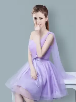 Lavender One Shoulder Neckline Ruching and Bowknot Wedding Guest Dresses Sleeveless Zipper