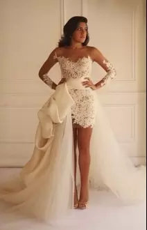 Fashionable White Lace Up Wedding Dress Appliques Long Sleeves Mini Length