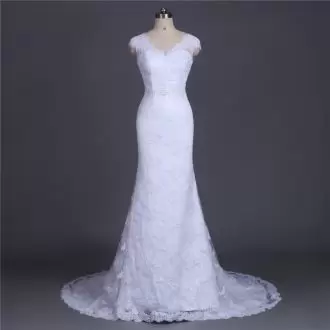 Unique White Clasp Handle Bridal Gown Lace and Belt Cap Sleeves With Brush Train