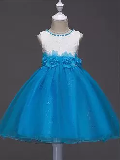 Scoop Sleeveless Zipper Flower Girl Dresses for Less Baby Blue Tulle Lace and Hand Made Flower