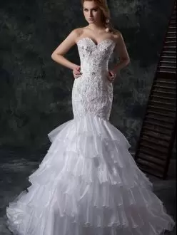 Attractive Lace Up Wedding Gown White for Wedding Party with Beading and Appliques and Ruffles Brush Train
