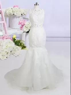 Shining Beading and Appliques Wedding Dresses White Backless Sleeveless With Brush Train