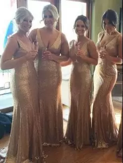 Gold Sleeveless Sweep Train Sequins Bridesmaids Dress