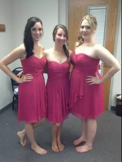 Hot Pink Bridesmaid Dresses Ruching Sleeveless Knee Length