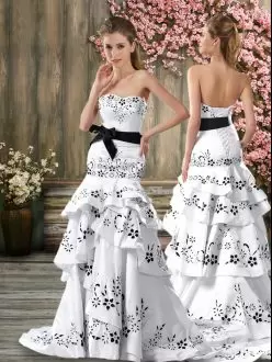 Admirable Sweetheart Sleeveless Wedding Dress Sweep Train Embroidery and Sashes ribbons White Chiffon